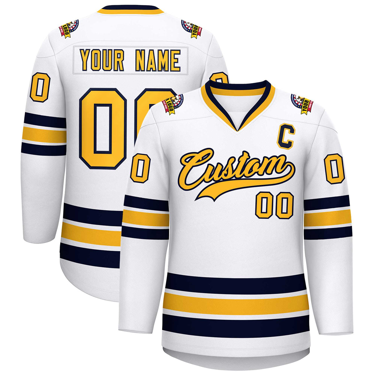 Custom White Gold-Navy Classic Style Hockey Jersey