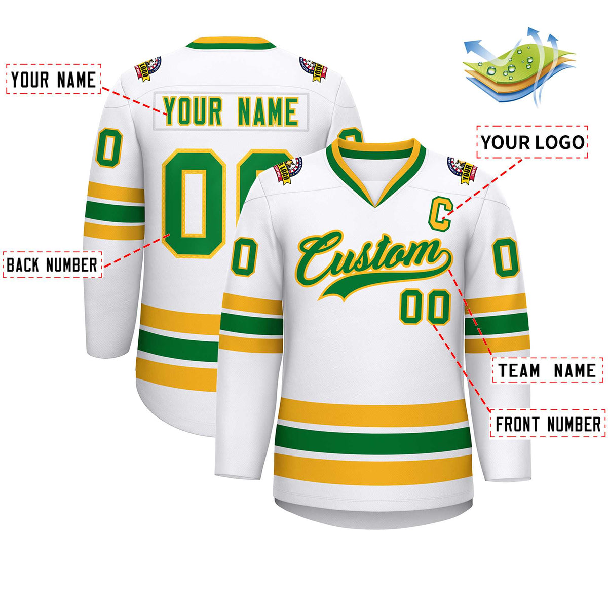 Custom White Kelly Green-Gold Classic Style Hockey Jersey