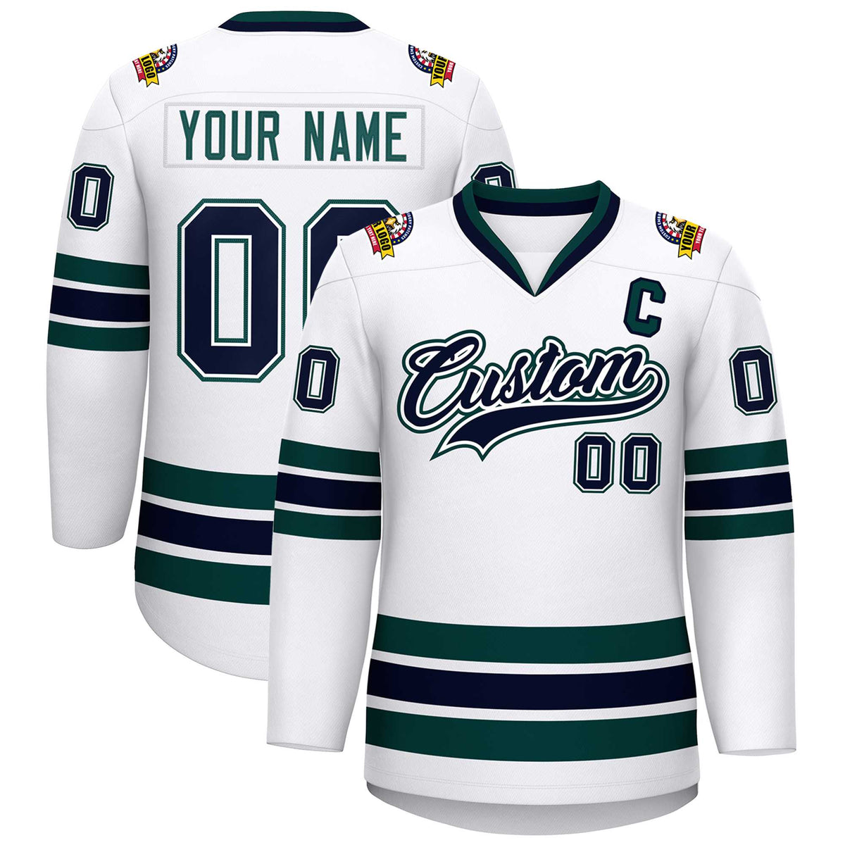 Custom White Navy White-Midnight Green Classic Style Hockey Jersey
