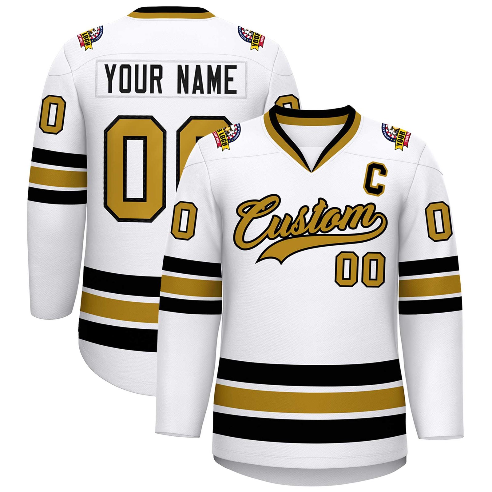 Custom White Old Gold-Black Classic Style Hockey Jersey