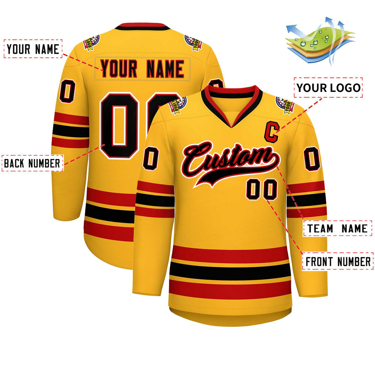 Custom Gold Black Red-White Classic Style Hockey Jersey