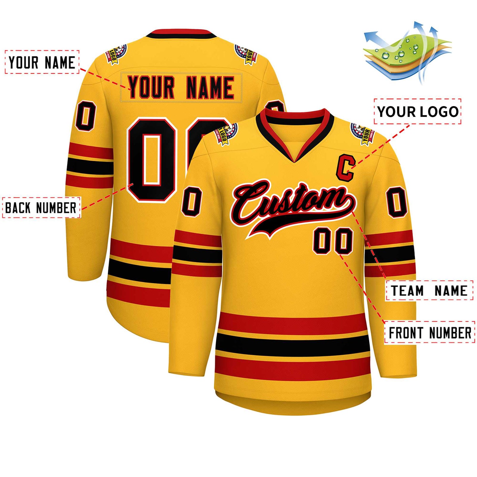 Custom Gold Black Red-White Classic Style Hockey Jersey