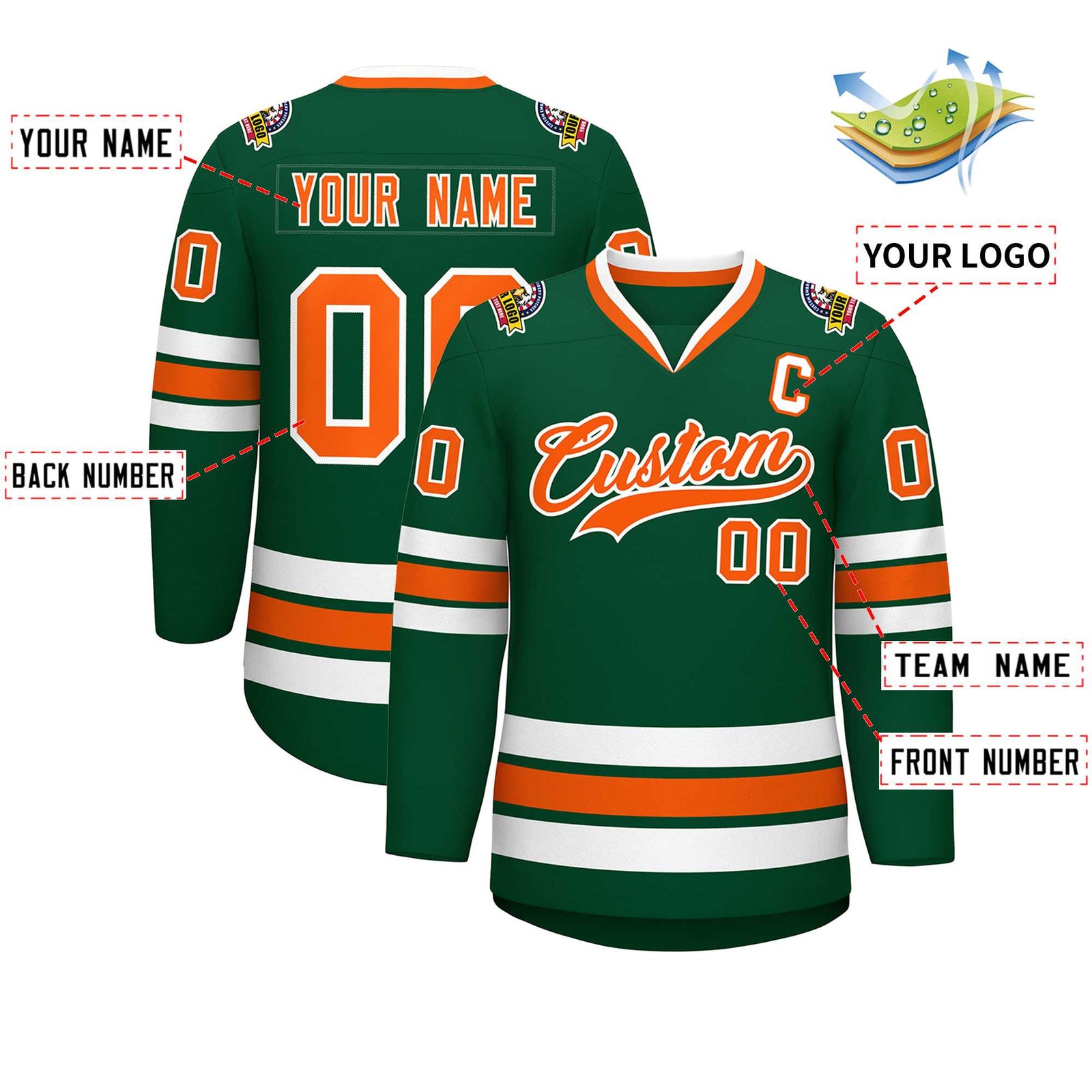 Custom Green Orange-White Classic Style Hockey Jersey
