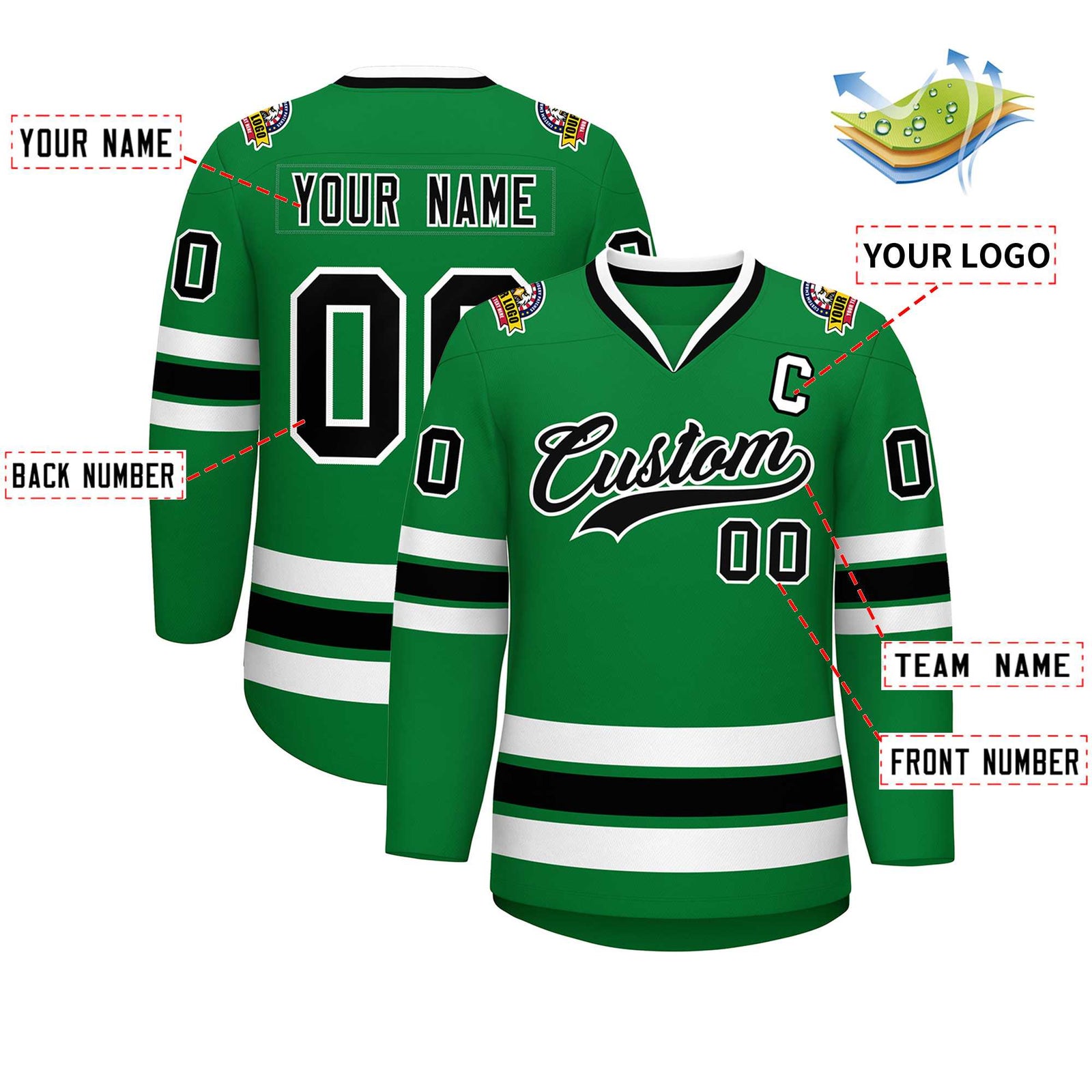 Custom Kelly Green Black-White Classic Style Hockey Jersey