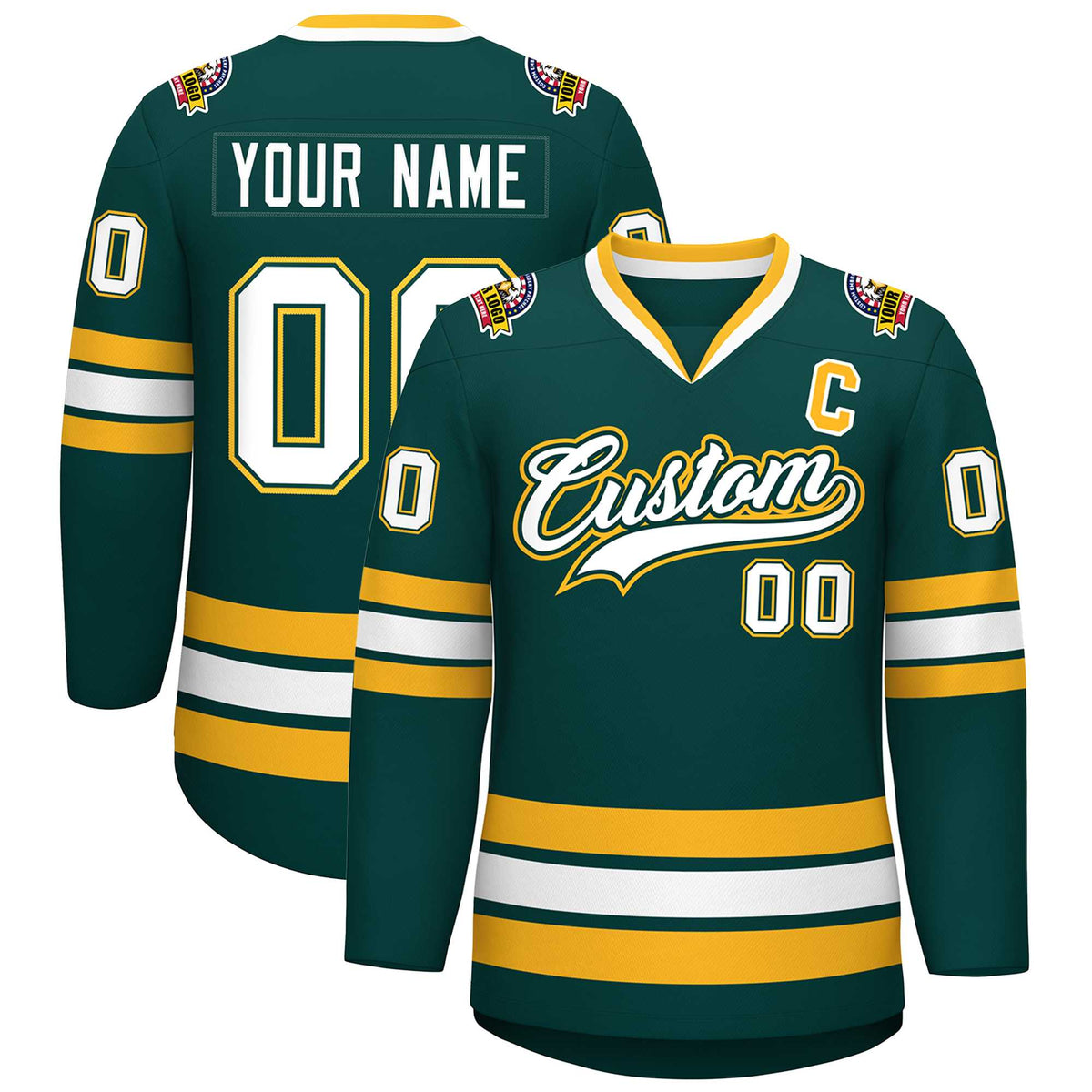 Custom Midnight Green White Olive-Gold Classic Style Hockey Jersey