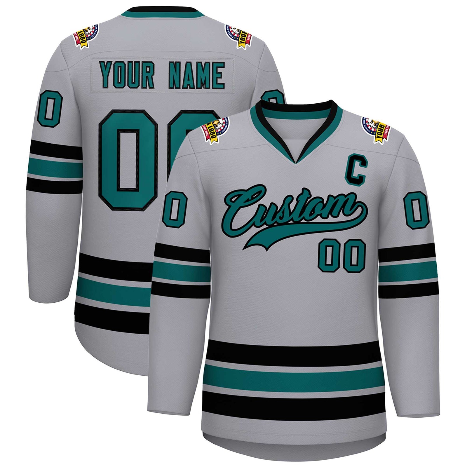 Custom Gray Aqua-Black Classic Style Hockey Jersey