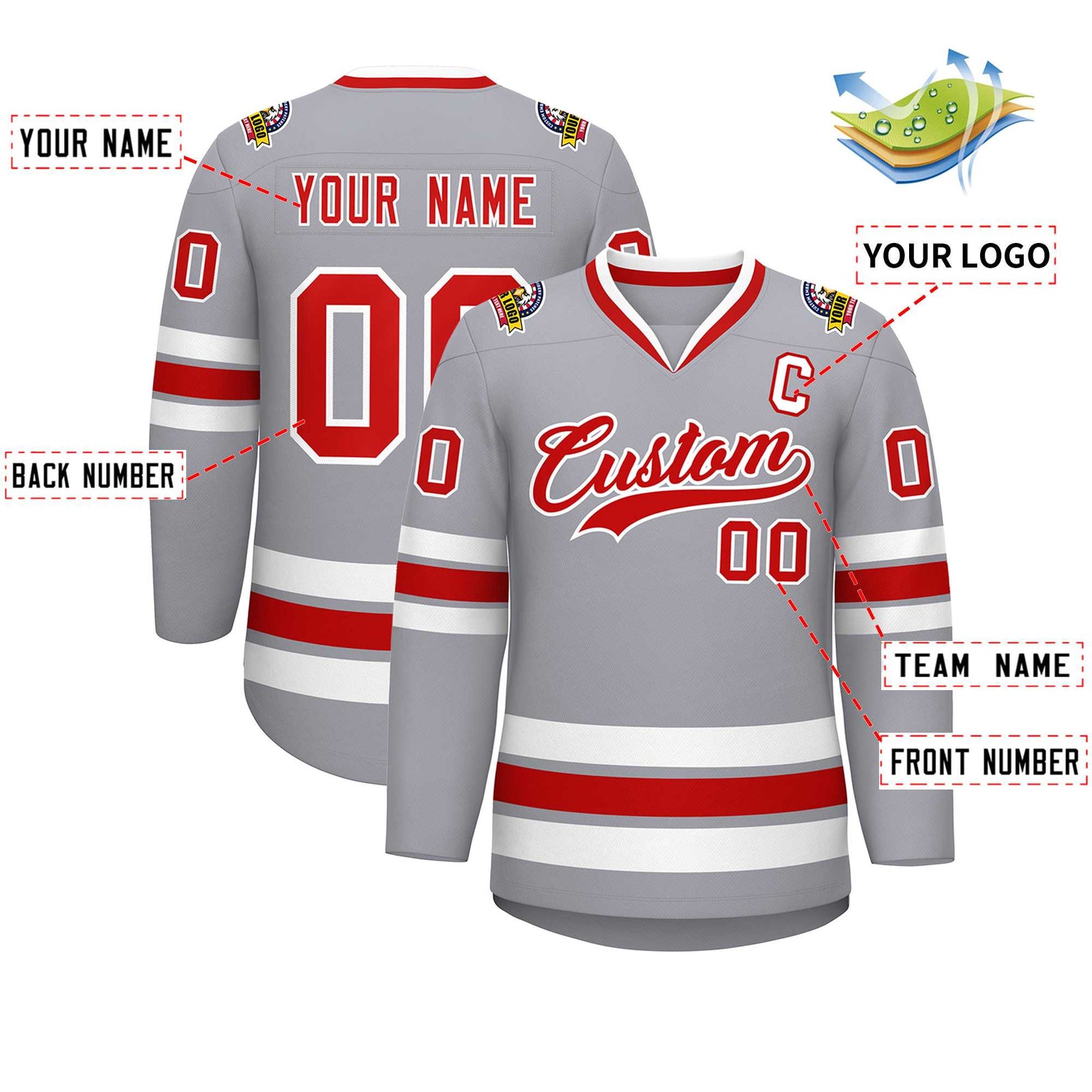 Custom Gray Red-White Classic Style Hockey Jersey