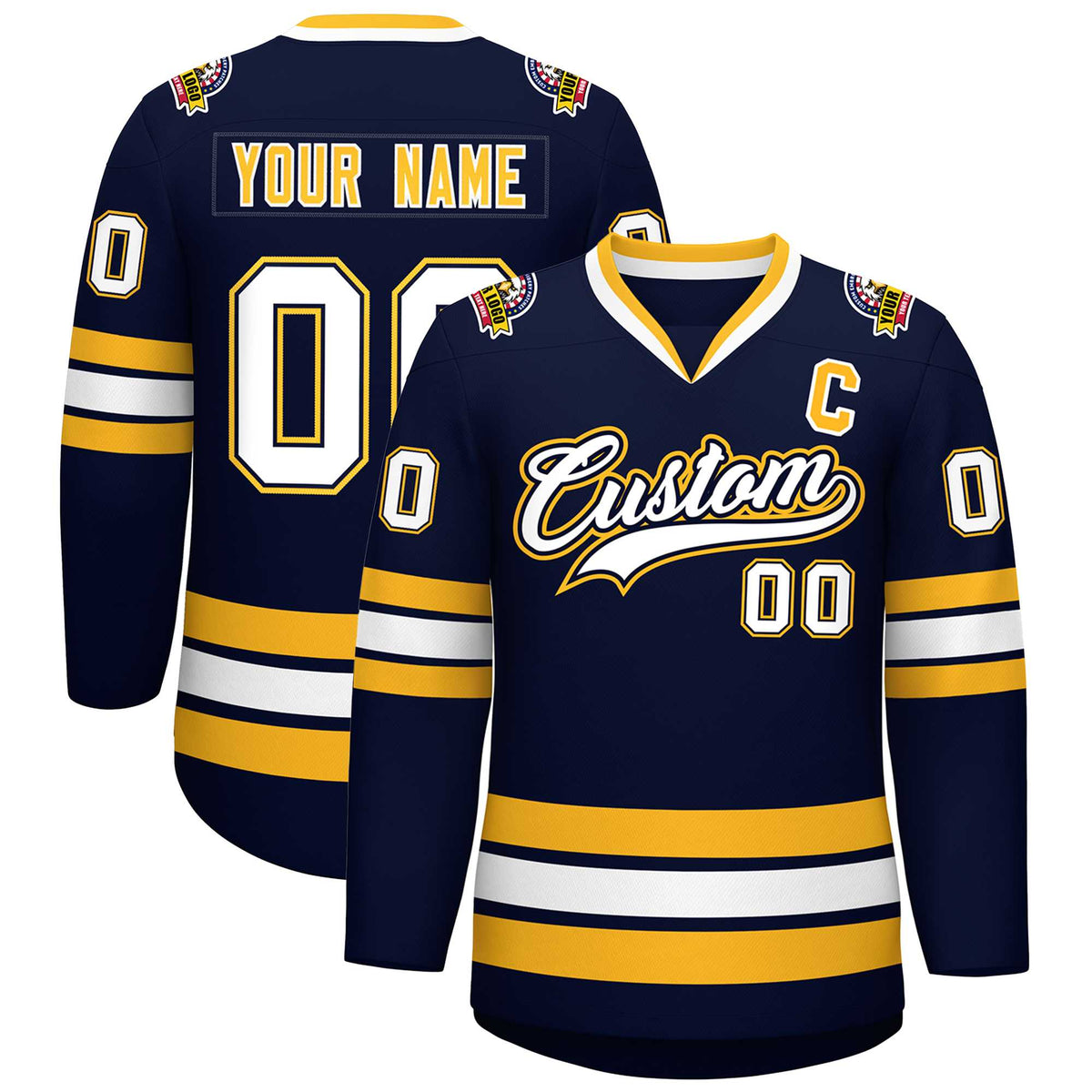 Custom Navy White Navy-Gold Classic Style Hockey Jersey