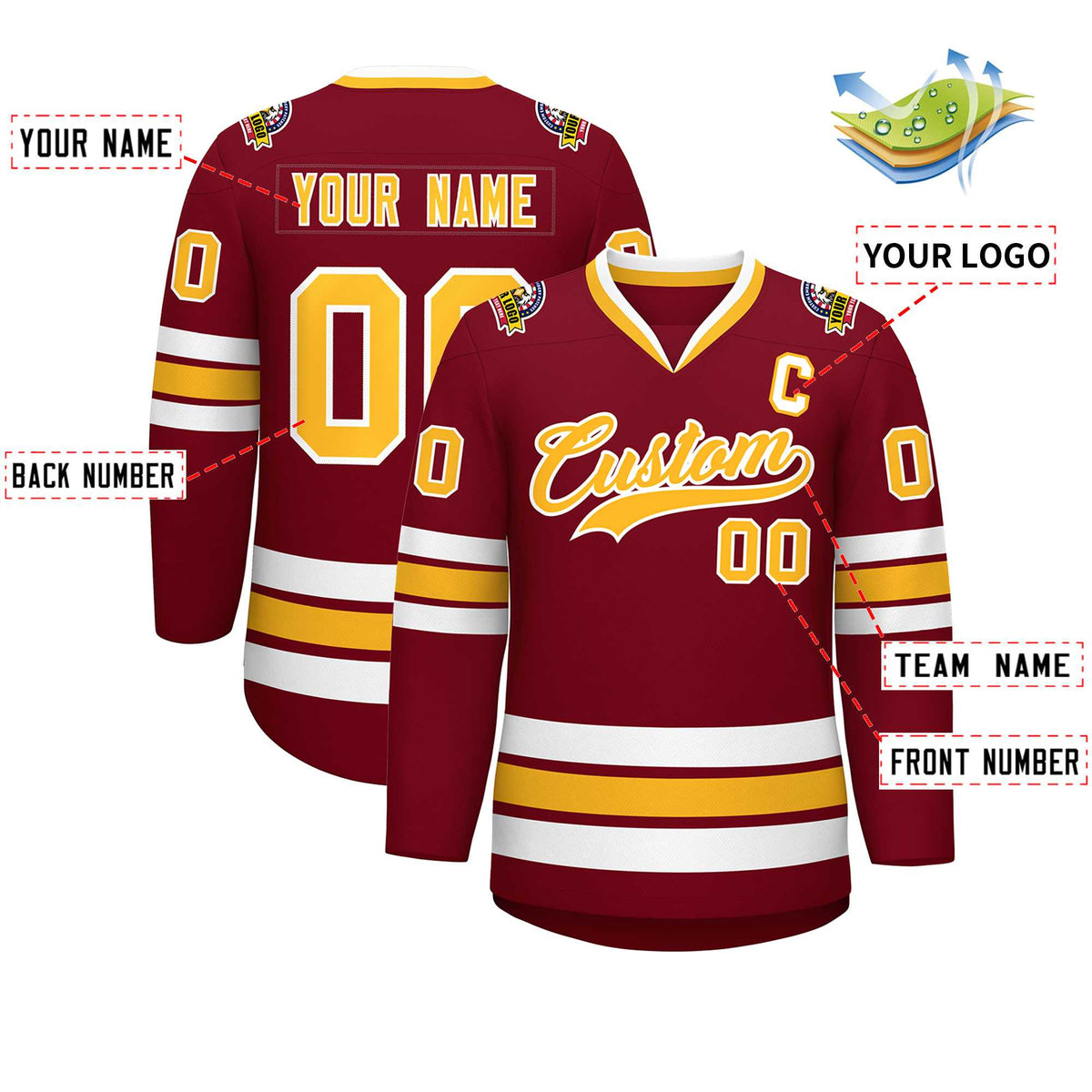 Custom Crimson Gold-White Classic Style Hockey Jersey
