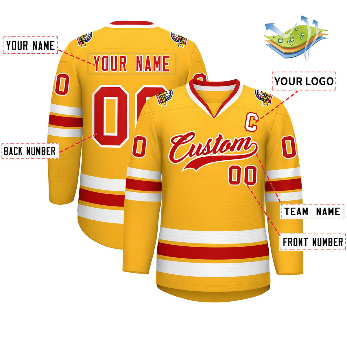 Custom Gold Red-White Classic Style Hockey Jersey