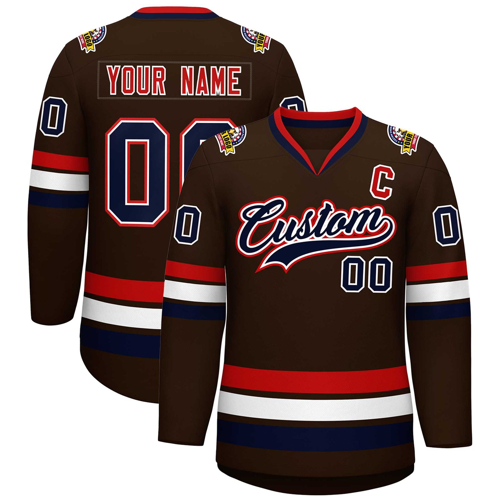 Custom Brown Navy White-Red Classic Style Hockey Jersey