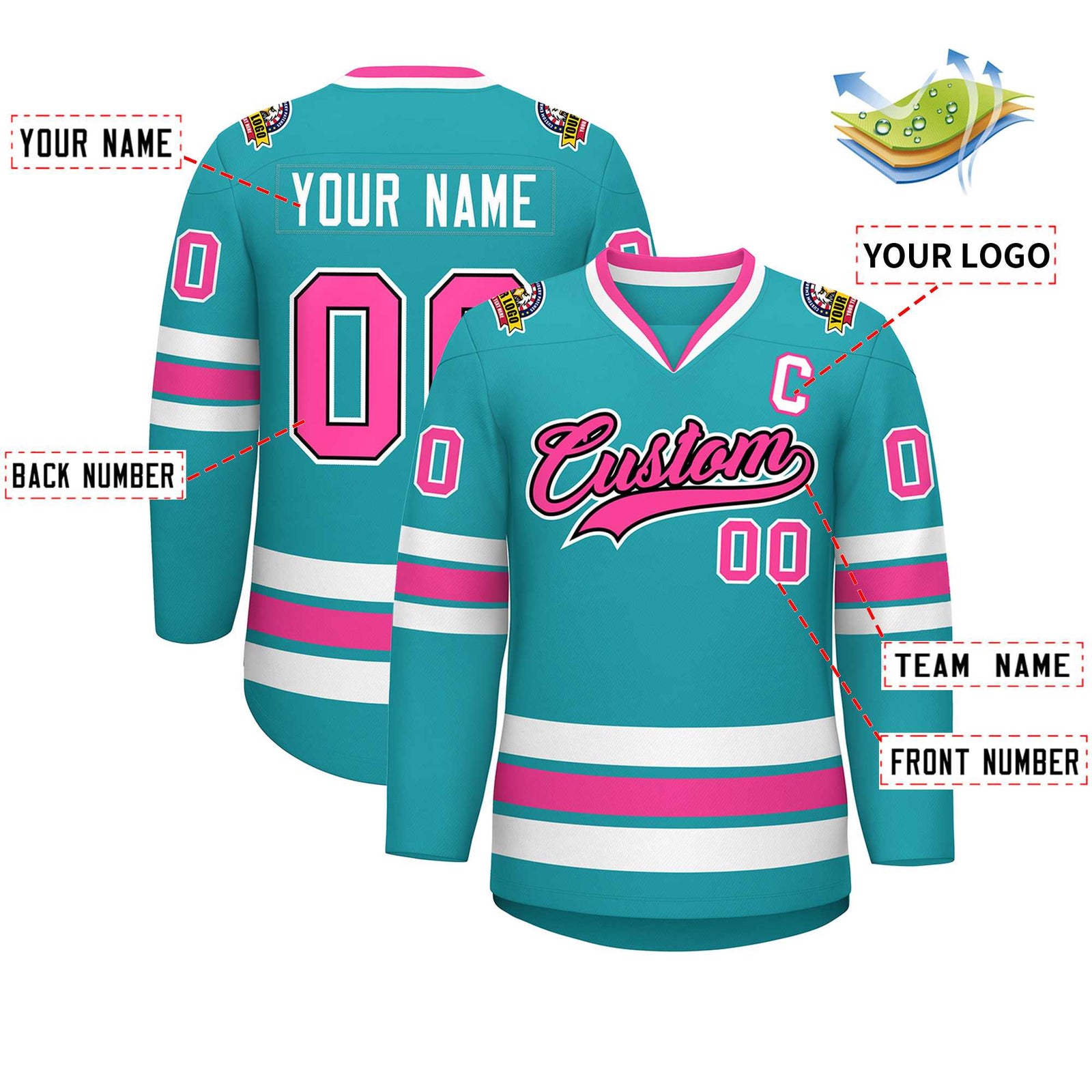 Custom Aqua Pink Navy-White Classic Style Hockey Jersey
