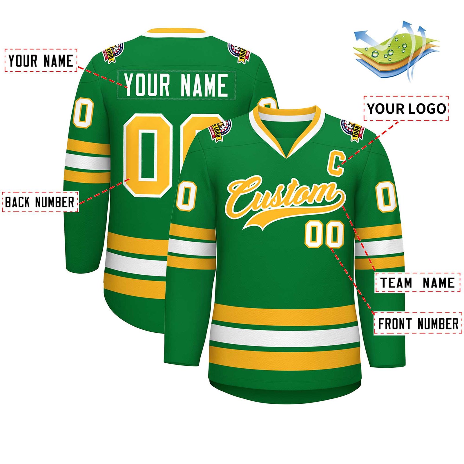 Custom Kelly Green Gold-White Classic Style Hockey Jersey