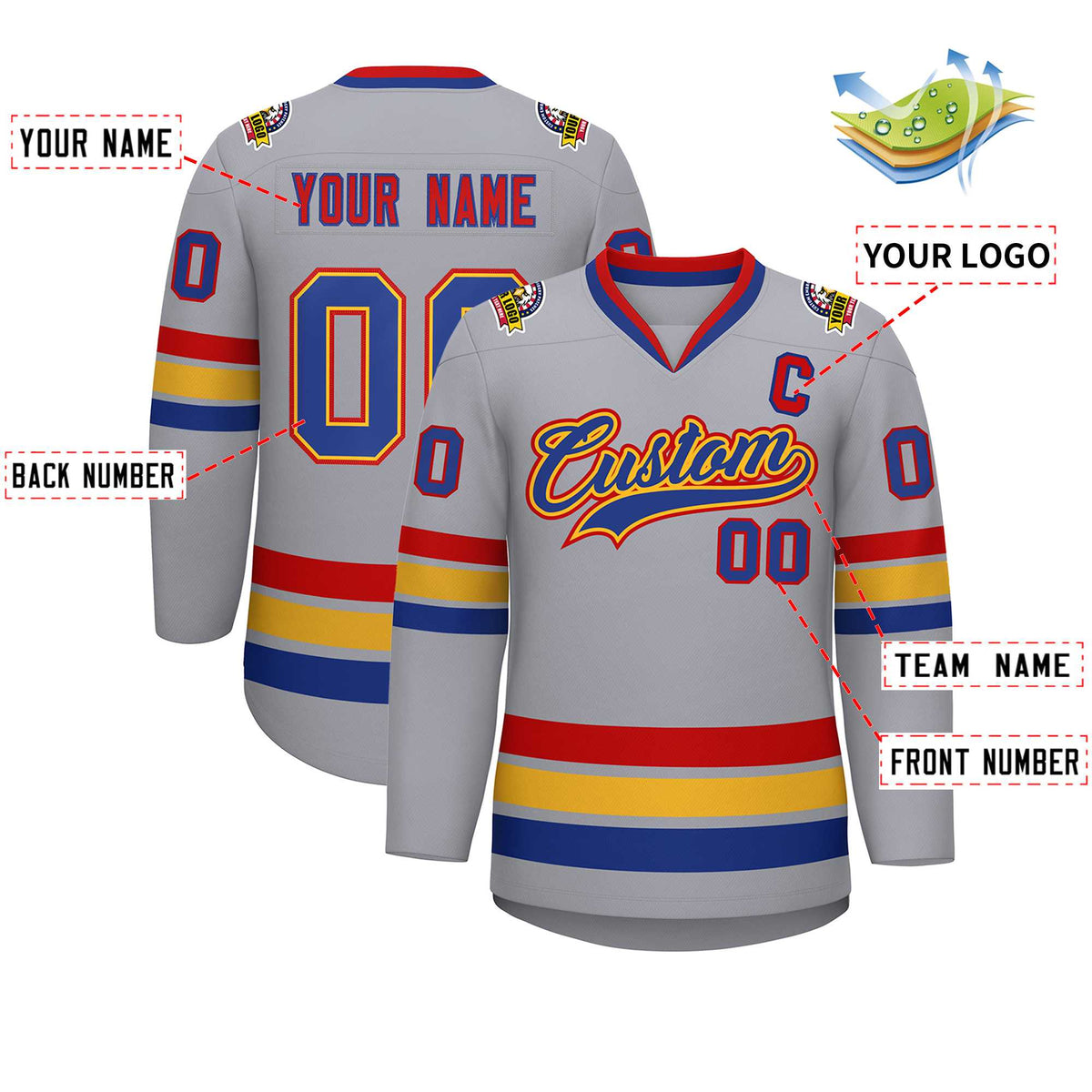 Custom Gray Royal Gold-Red Classic Style Hockey Jersey