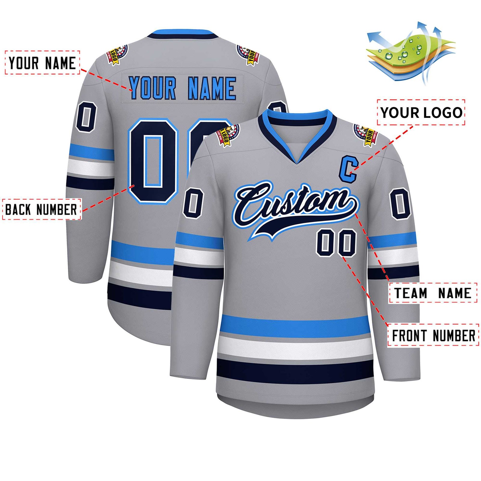Custom Gray Navy White-Powder Blue Classic Style Hockey Jersey