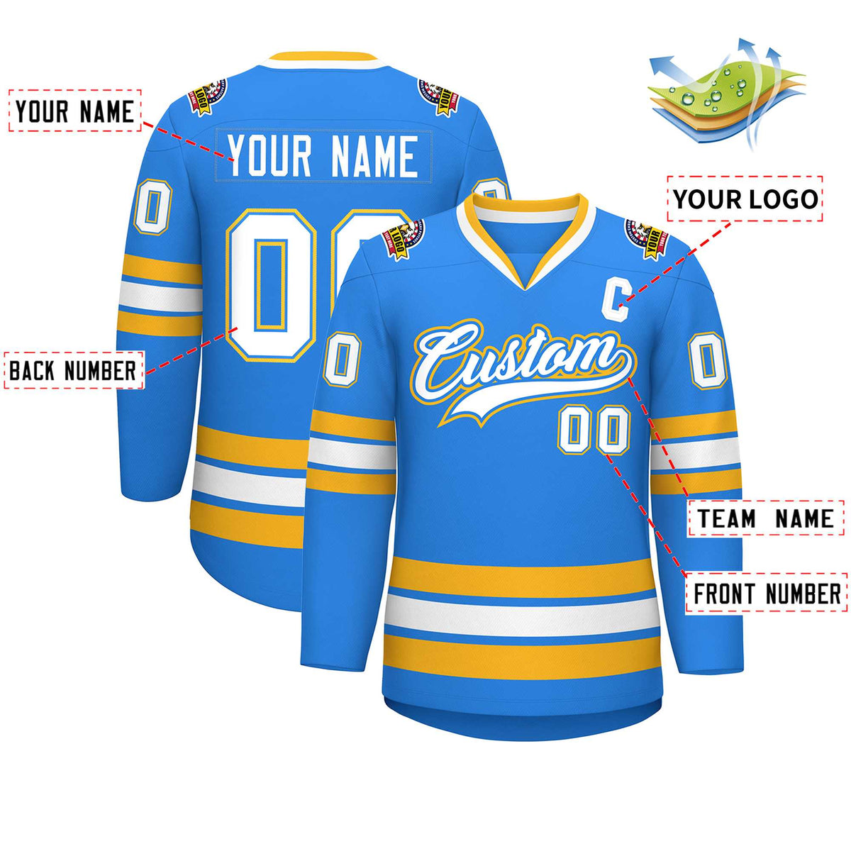 Custom Powder Blue White Powder Blue-Gold Classic Style Hockey Jersey