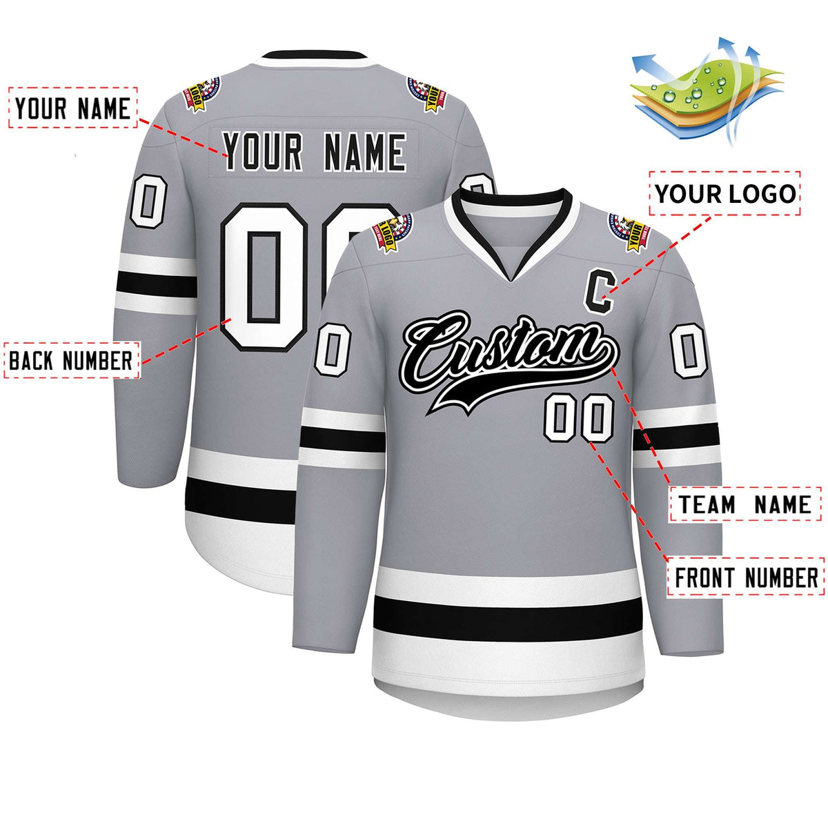 Custom Gray Black White-Black Classic Style Hockey Jersey