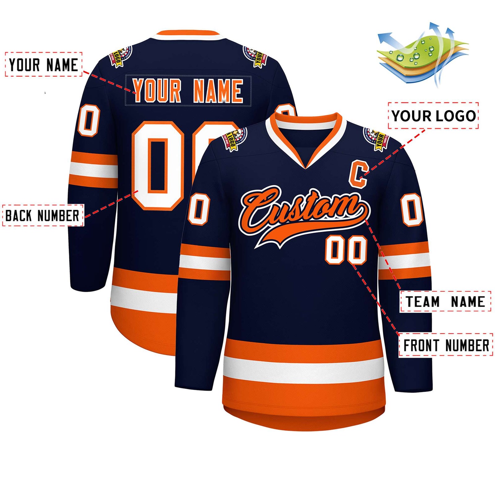 Custom Navy Orange Navy-White Classic Style Hockey Jersey