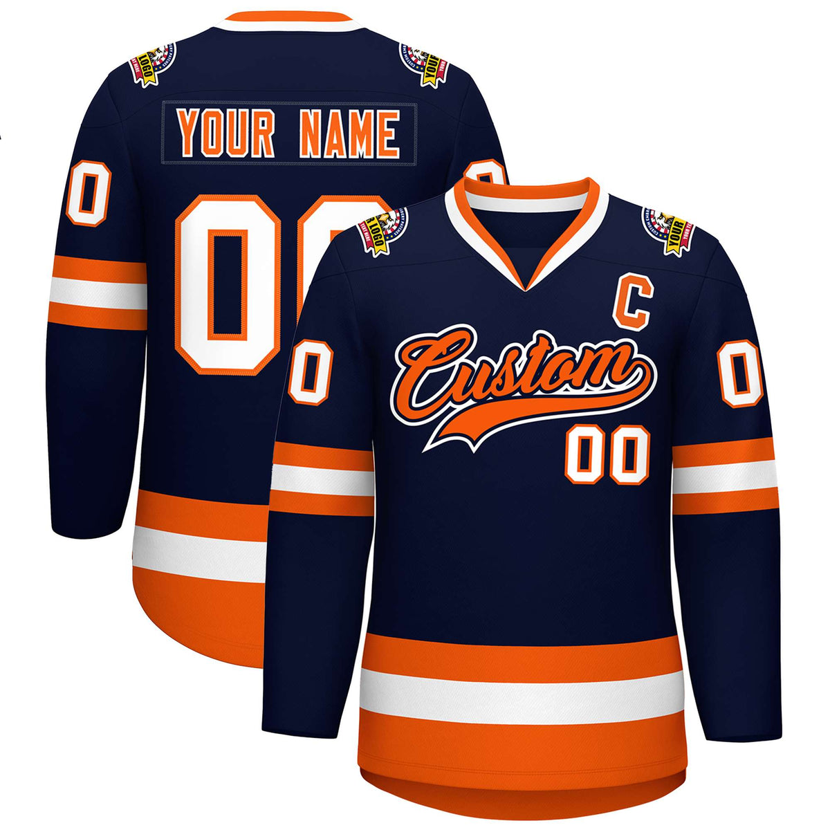 Custom Navy Orange Navy-White Classic Style Hockey Jersey