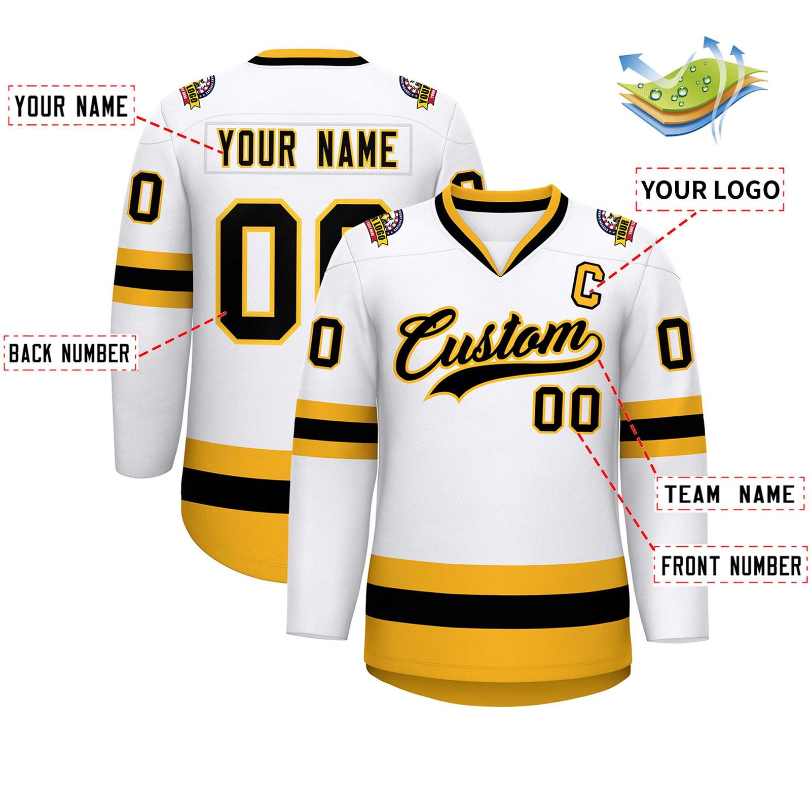 Custom White Black-Gold Classic Style Hockey Jersey