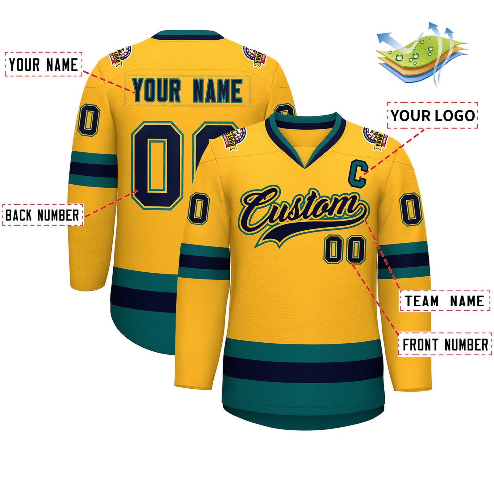 Custom Gold Navy Gold-Aqua Classic Style Hockey Jersey