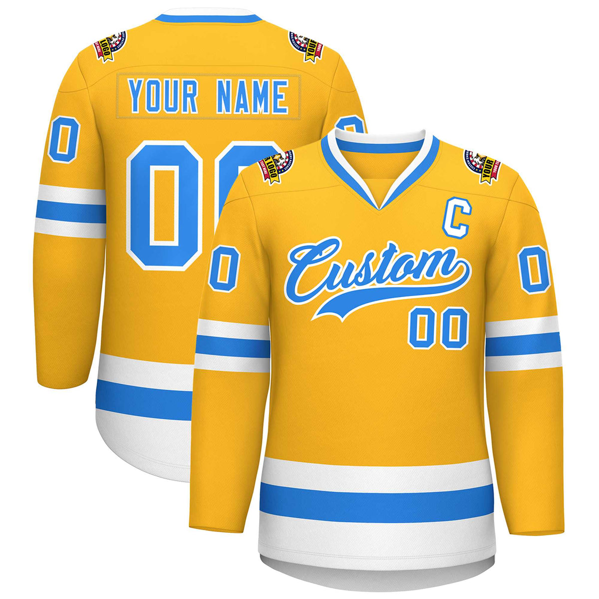 Custom Gold Powder Blue-White Classic Style Hockey Jersey