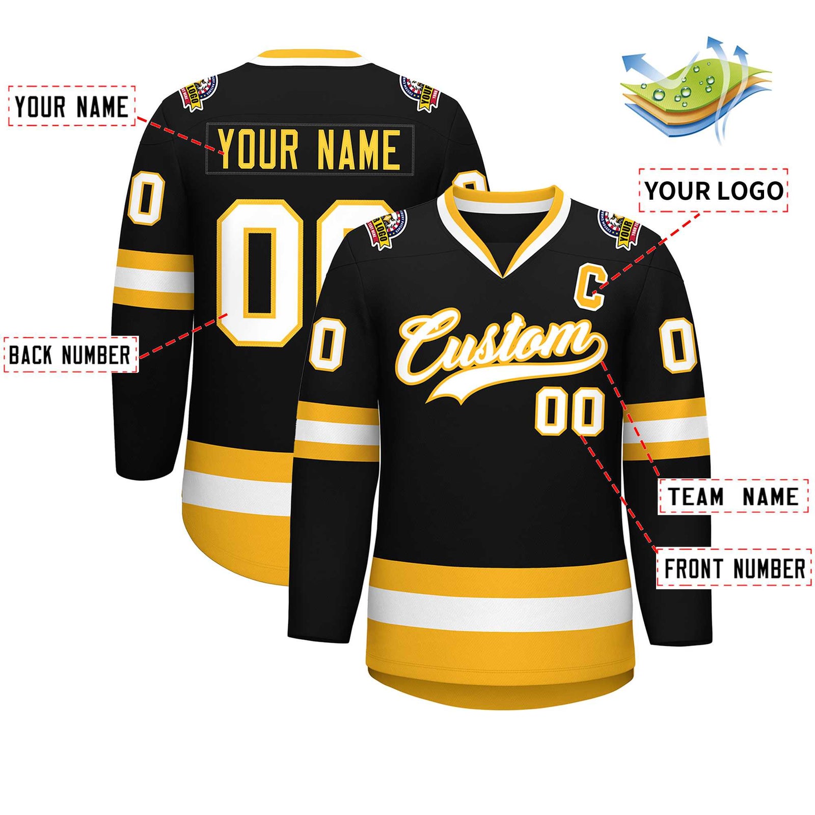 Custom Black White-Gold Classic Style Hockey Jersey