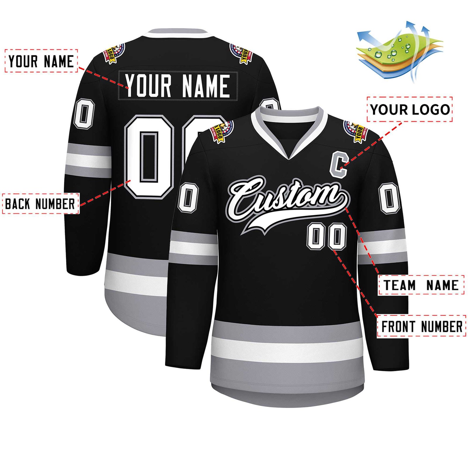 Custom Black White Black-Gray Classic Style Hockey Jersey