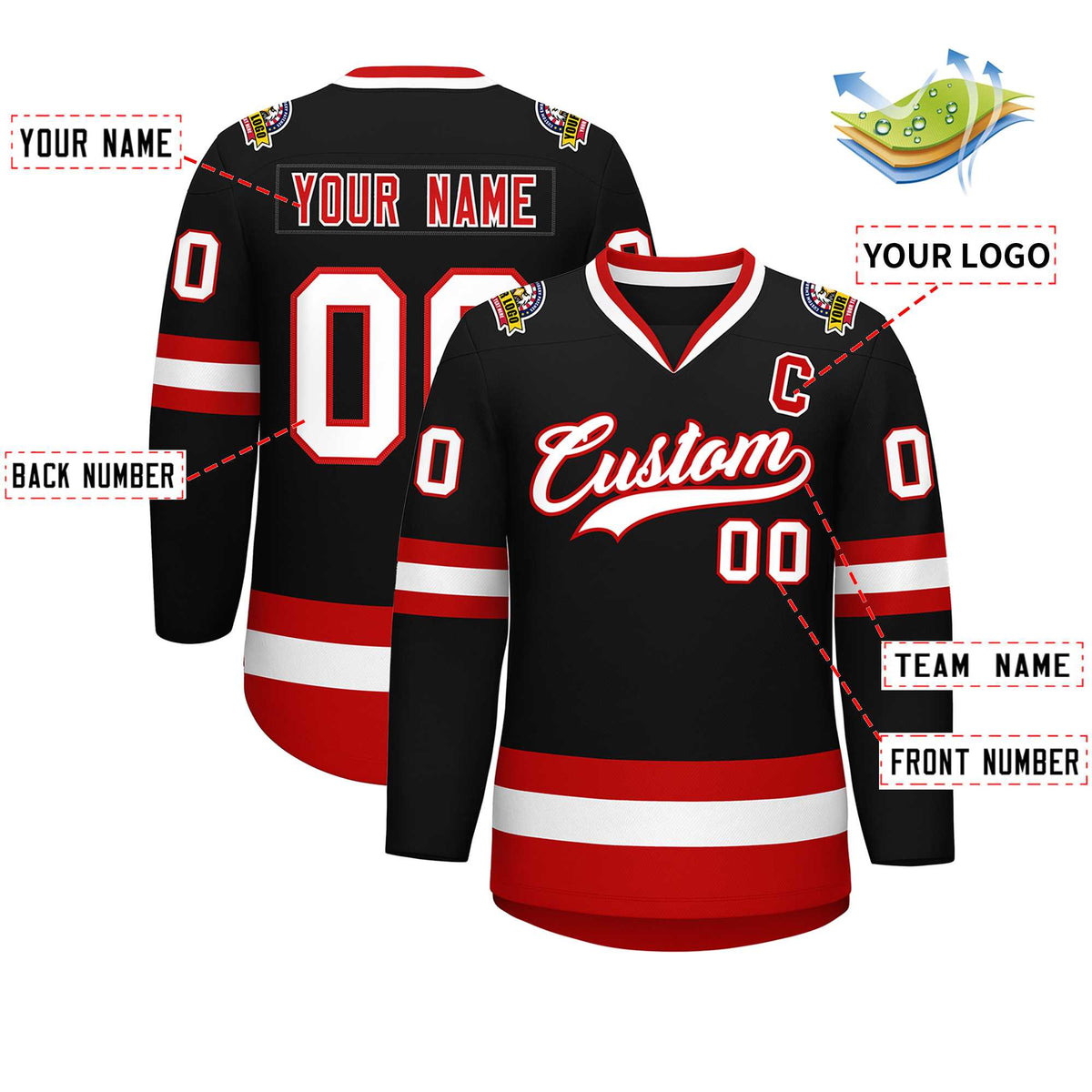 Custom Black White-Red Classic Style Hockey Jersey