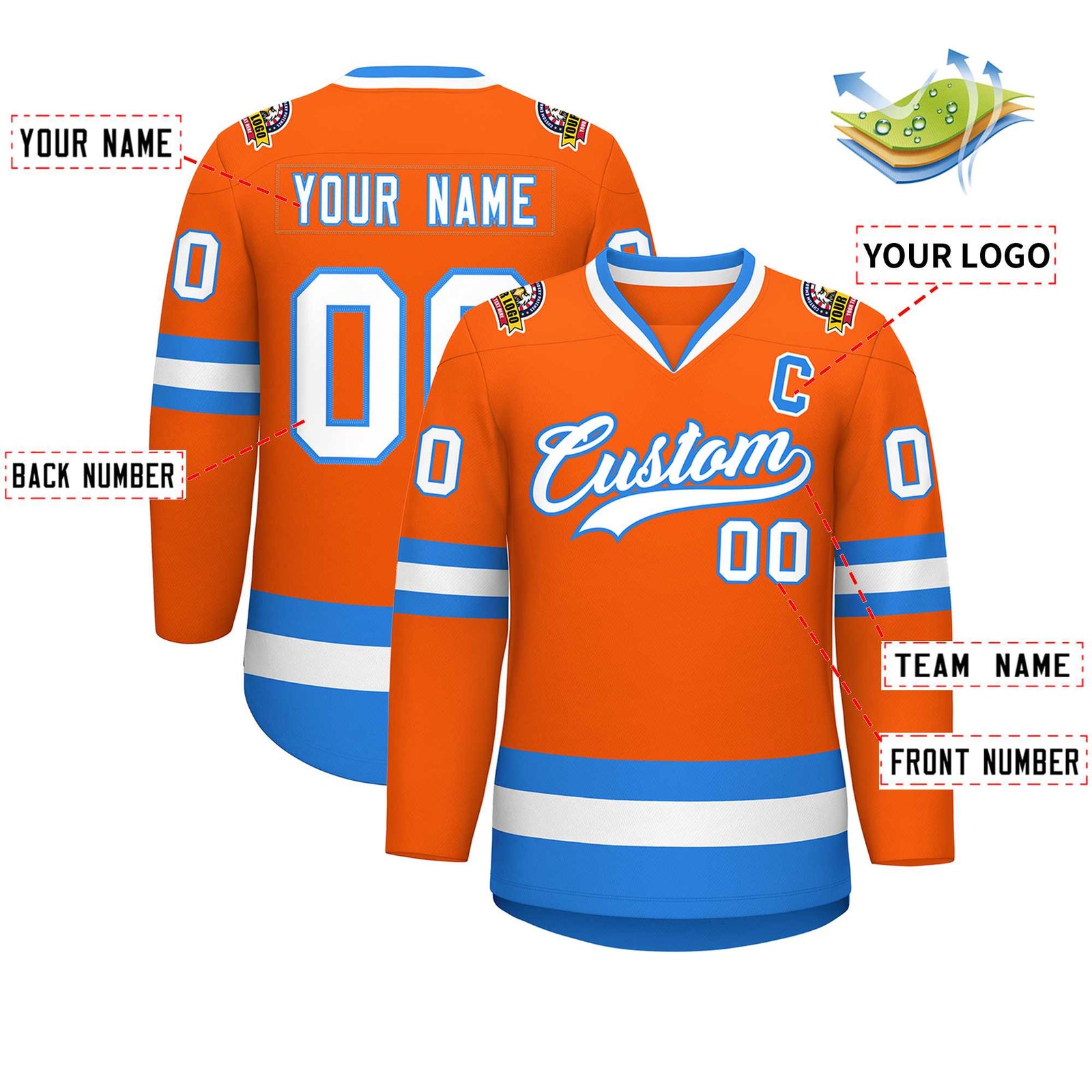 Custom Orange White-Powder Blue Classic Style Hockey Jersey