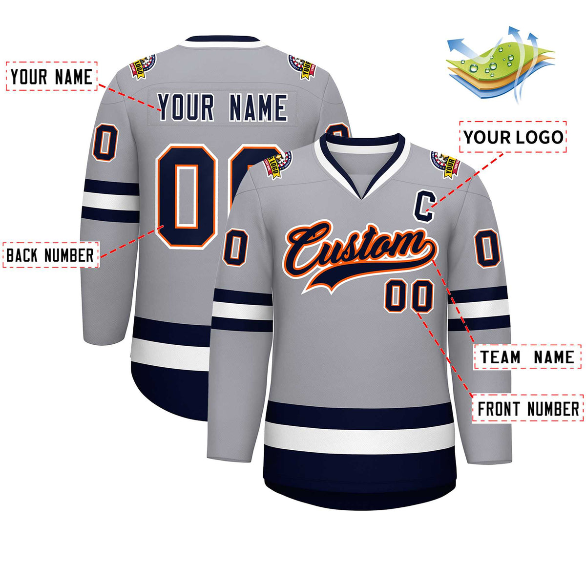 Custom Gray Navy Orange-White Classic Style Hockey Jersey