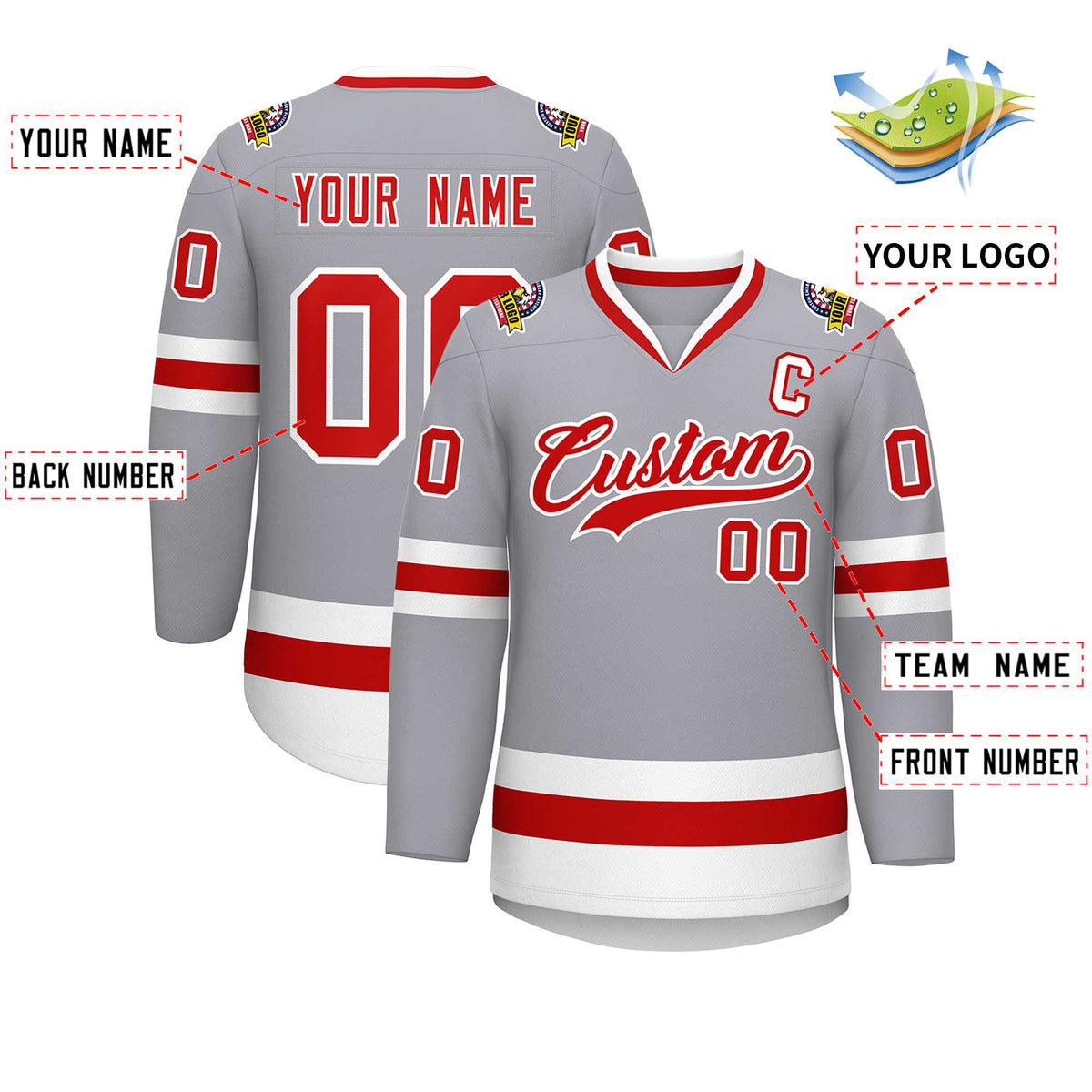 Custom Gray Red-White Classic Style Hockey Jersey