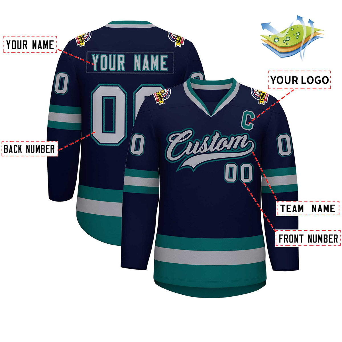 Custom Navy Gray Navy-Aqua Classic Style Hockey Jersey