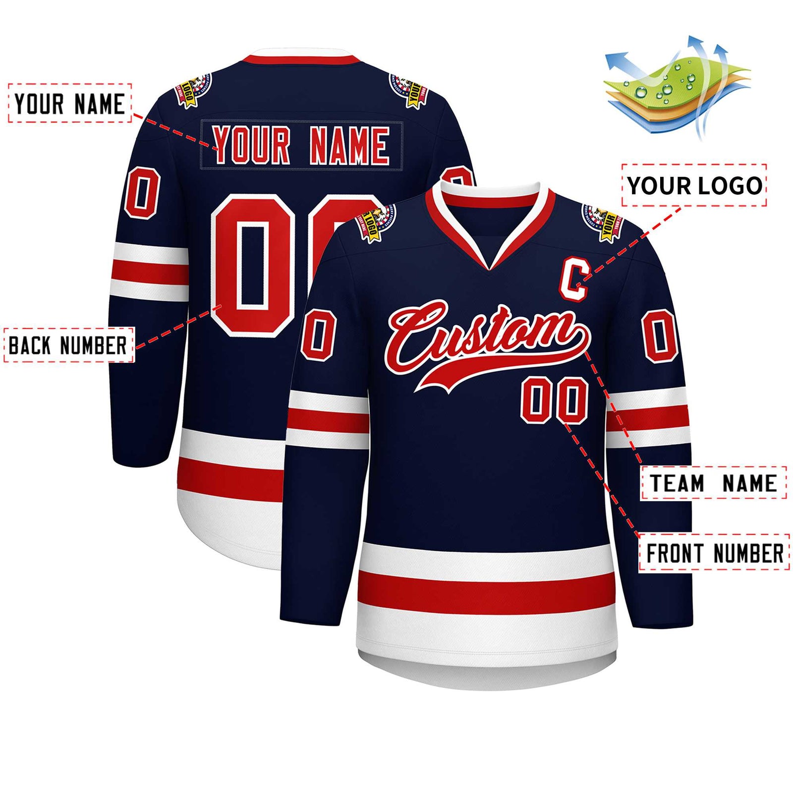 Custom Navy Red-White Classic Style Hockey Jersey