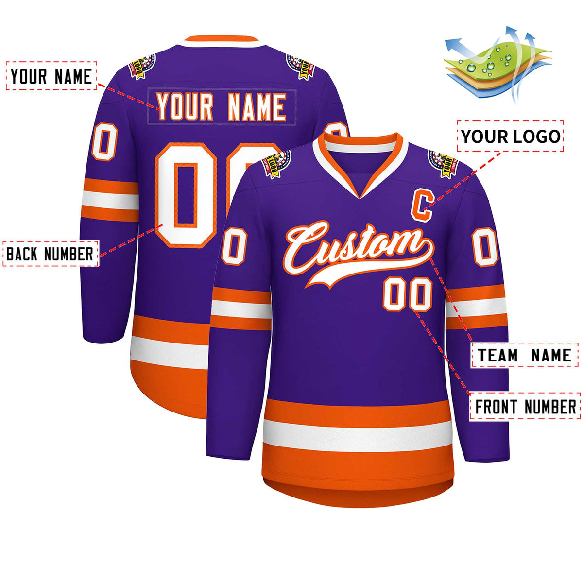 Custom Purple White-Orange Classic Style Hockey Jersey