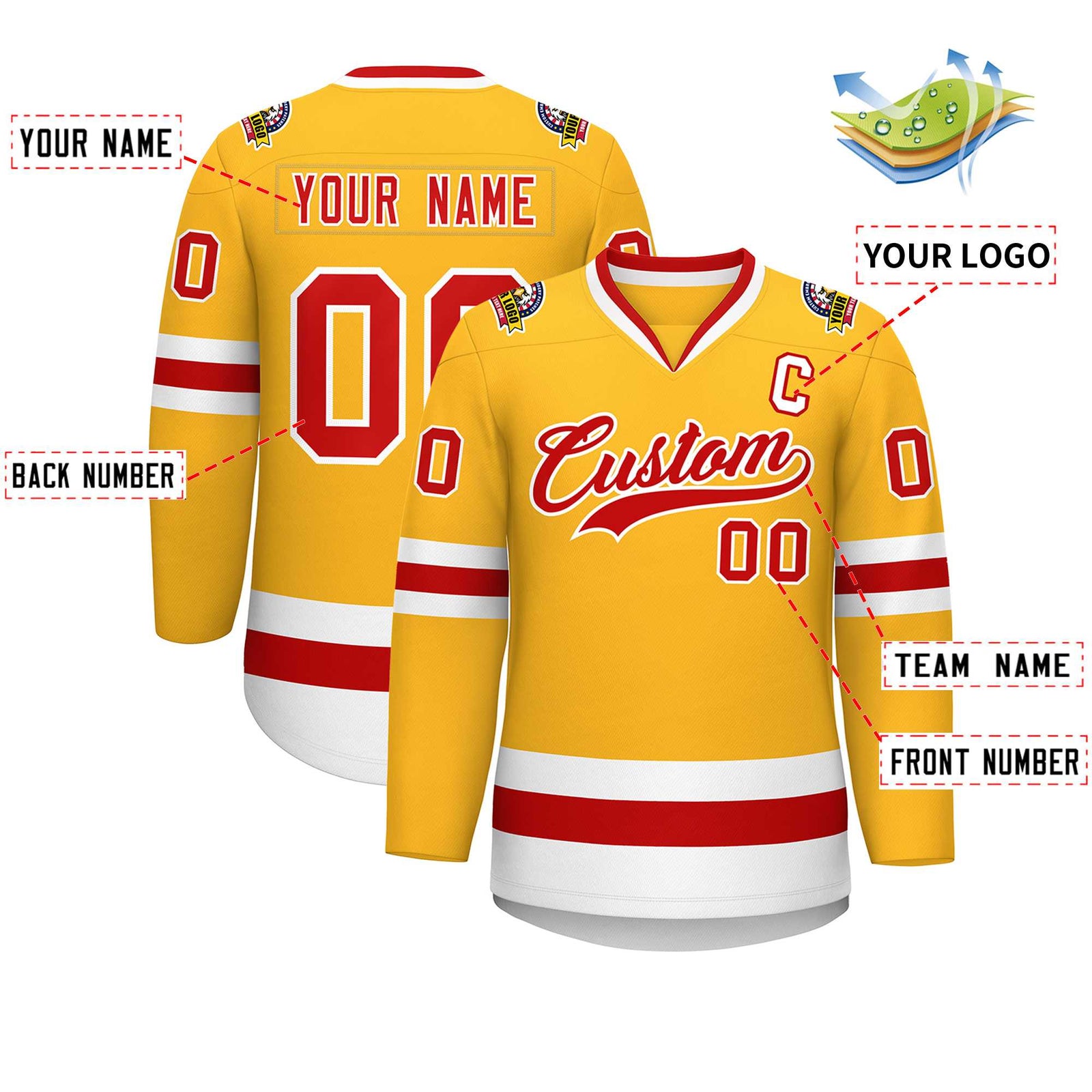 Custom Gold Red-White Classic Style Hockey Jersey
