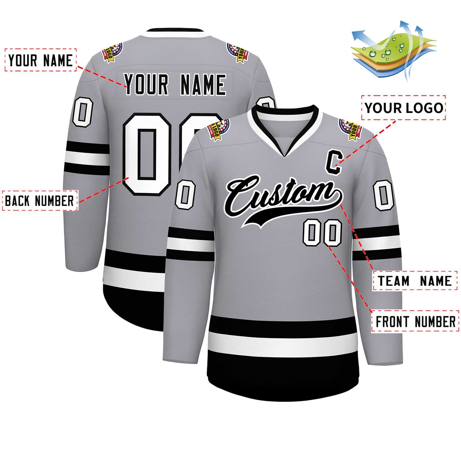 Custom Gray Black-White Classic Style Hockey Jersey