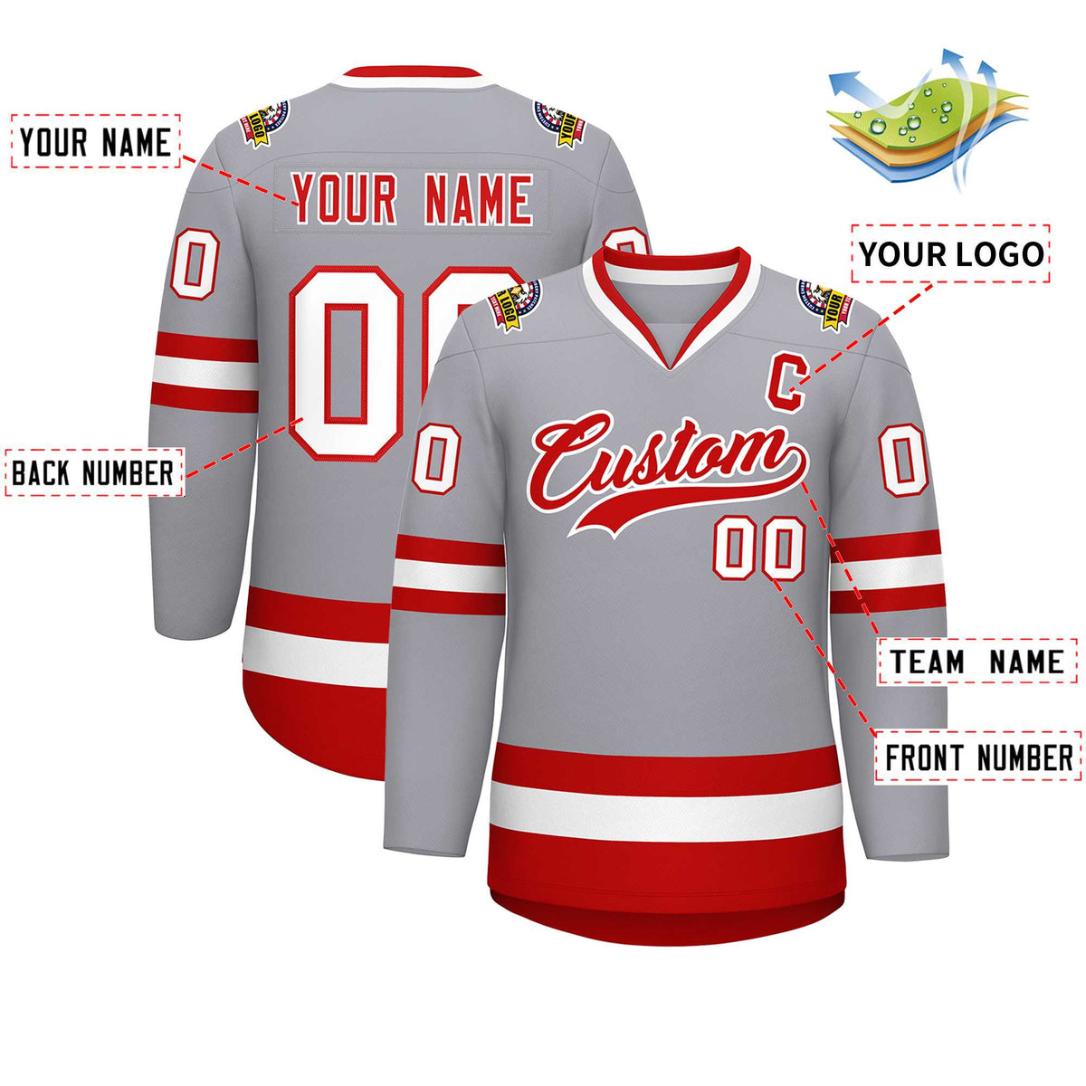Custom Gray Red-White Classic Style Hockey Jersey
