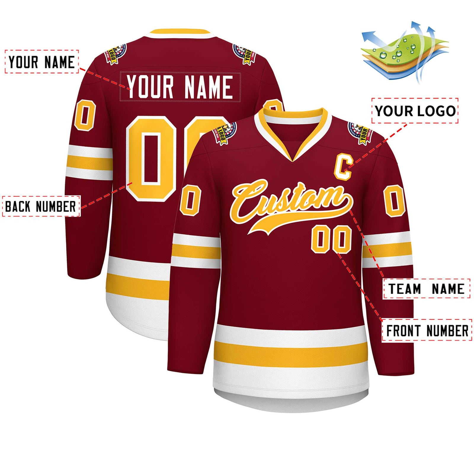 Custom Crimson Gold-White Classic Style Hockey Jersey
