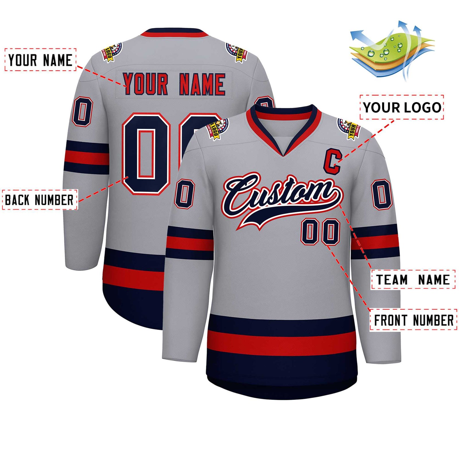 Custom Gray Navy White-Red Classic Style Hockey Jersey