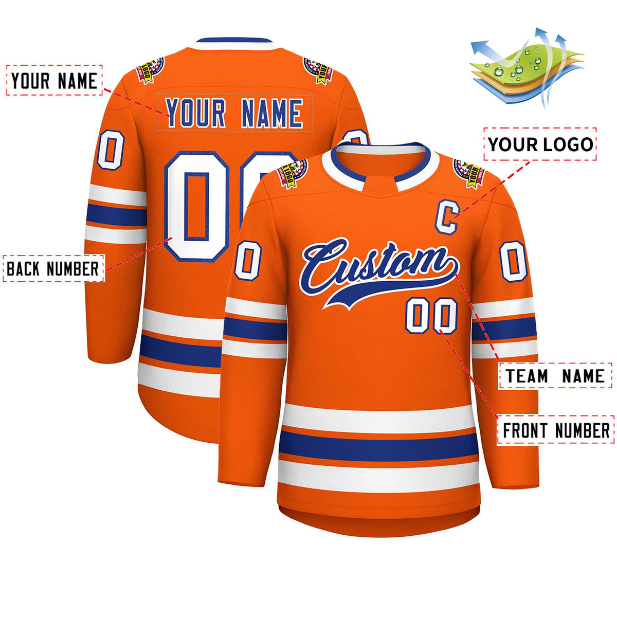 Custom Orange Royal-White Classic Style Hockey Jersey