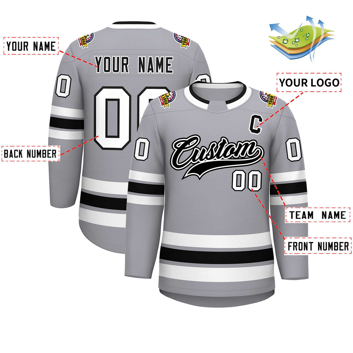 Custom Gray Black White-Black Classic Style Hockey Jersey
