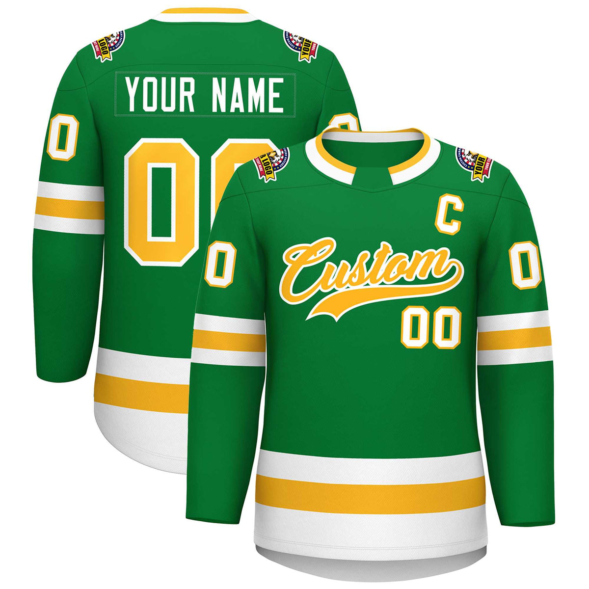 Custom Kelly Green Gold-White Classic Style Hockey Jersey