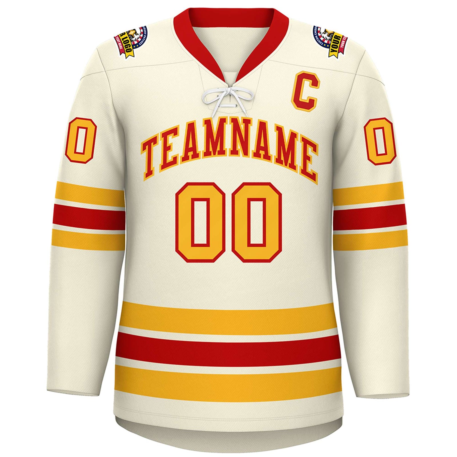 Custom Cream Red-Yellow Lace-Up Neck Hockey Jersey