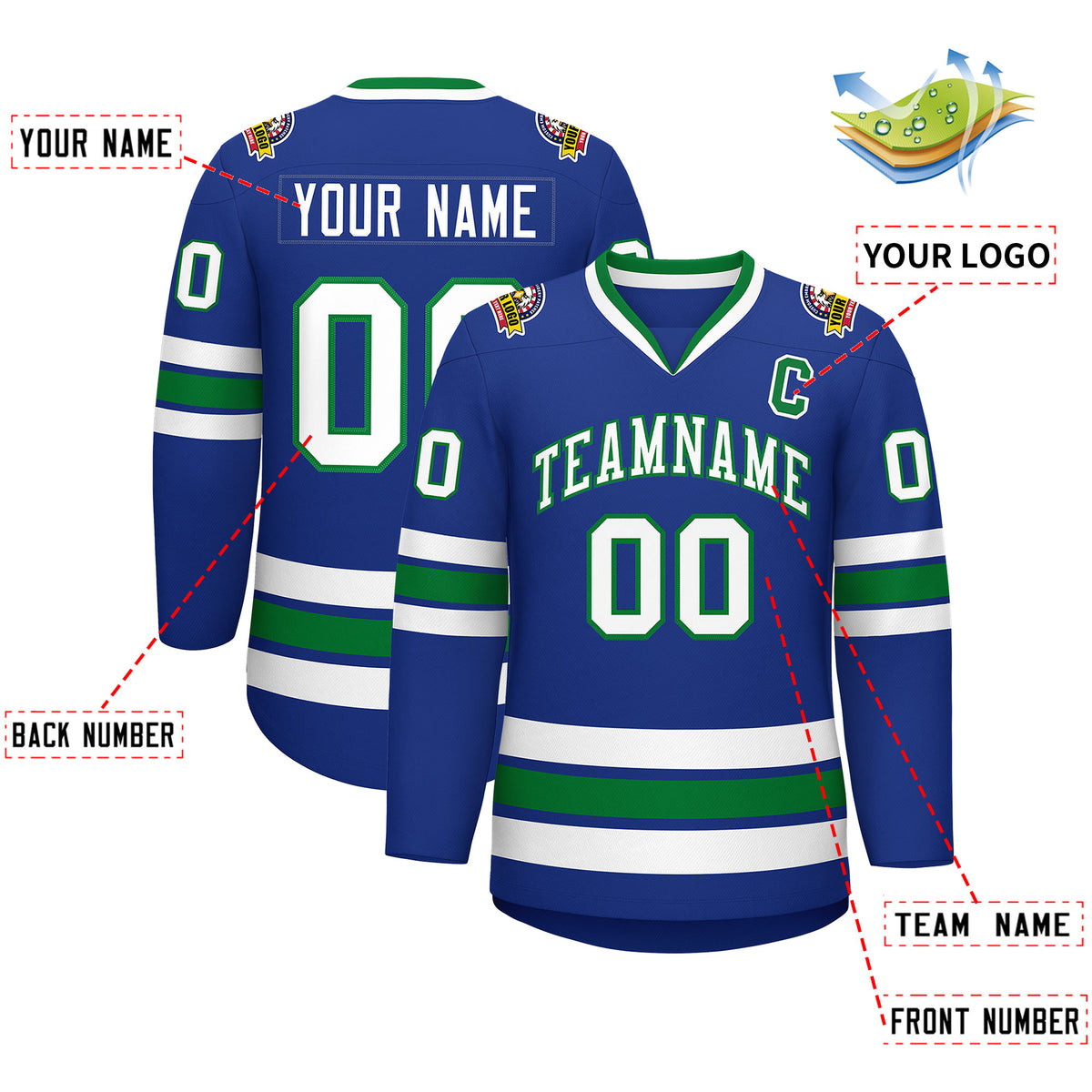 Custom Royal White-Kelly Green Classic Style Hockey Jersey
