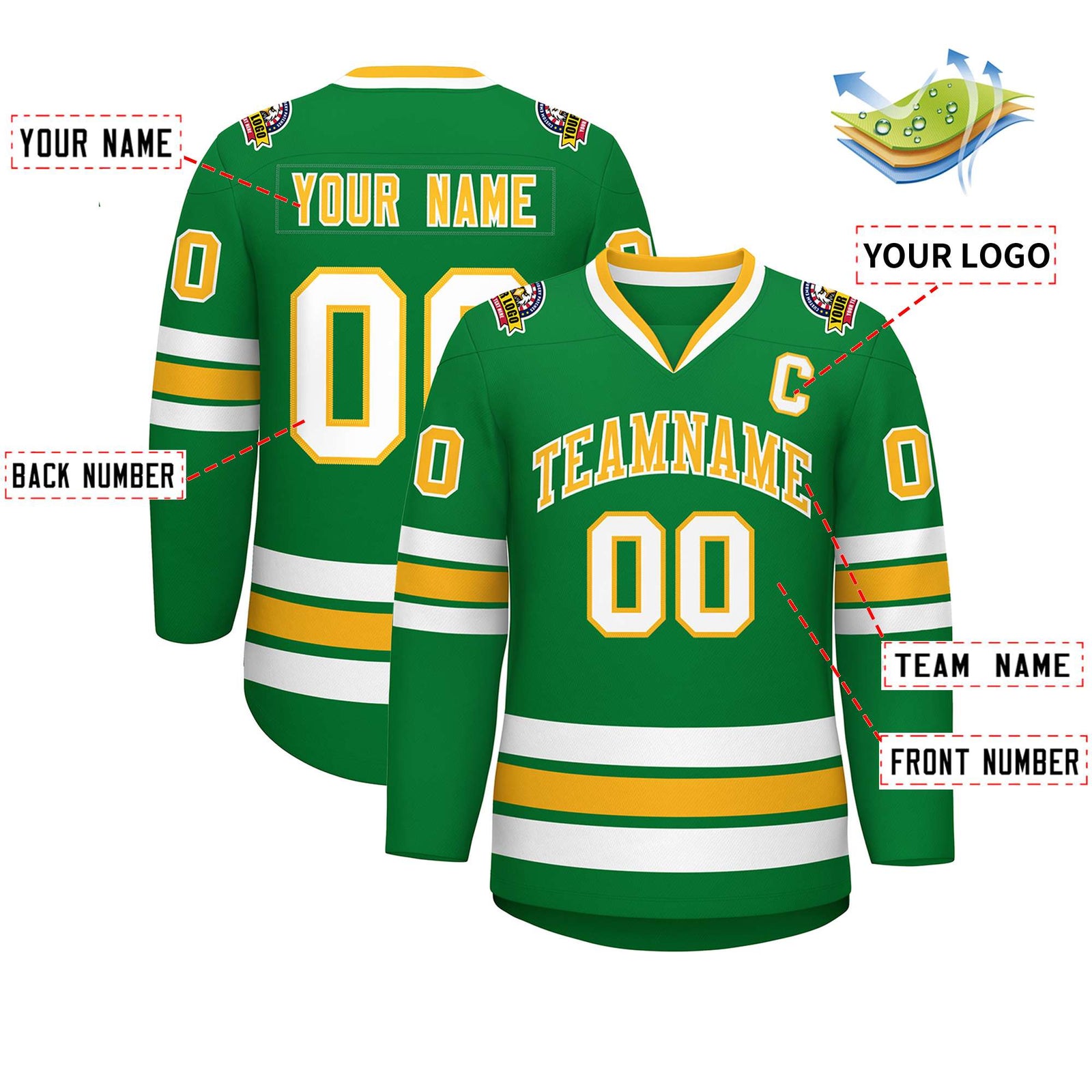 Custom Kelly Green Gold-White Classic Style Hockey Jersey