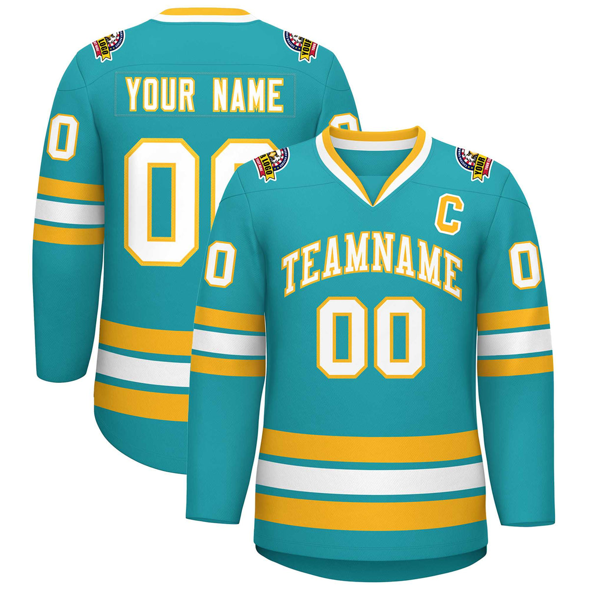 Custom Aqua White-Gold Classic Style Hockey Jersey