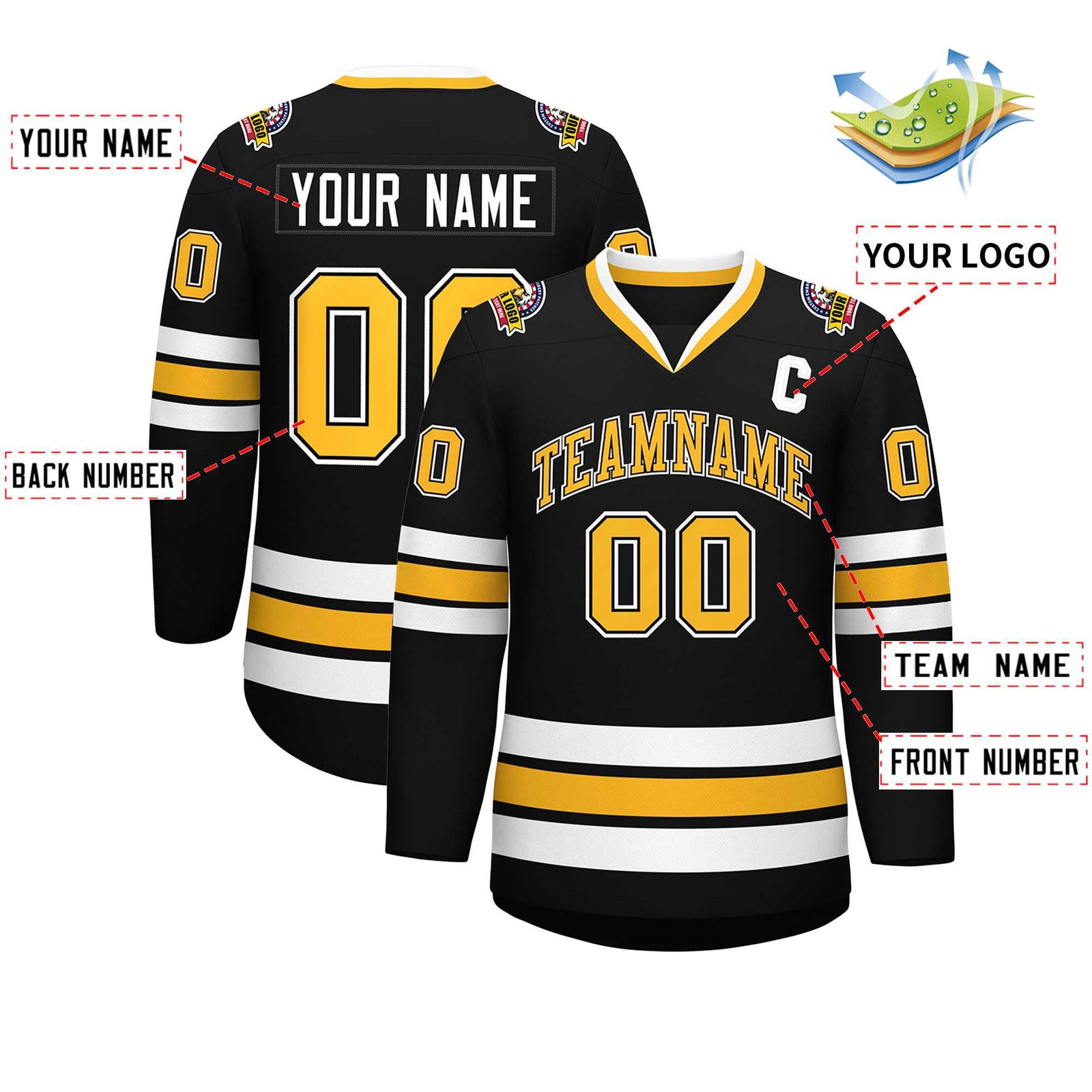 Custom Black Gold Black-White Classic Style Hockey Jersey