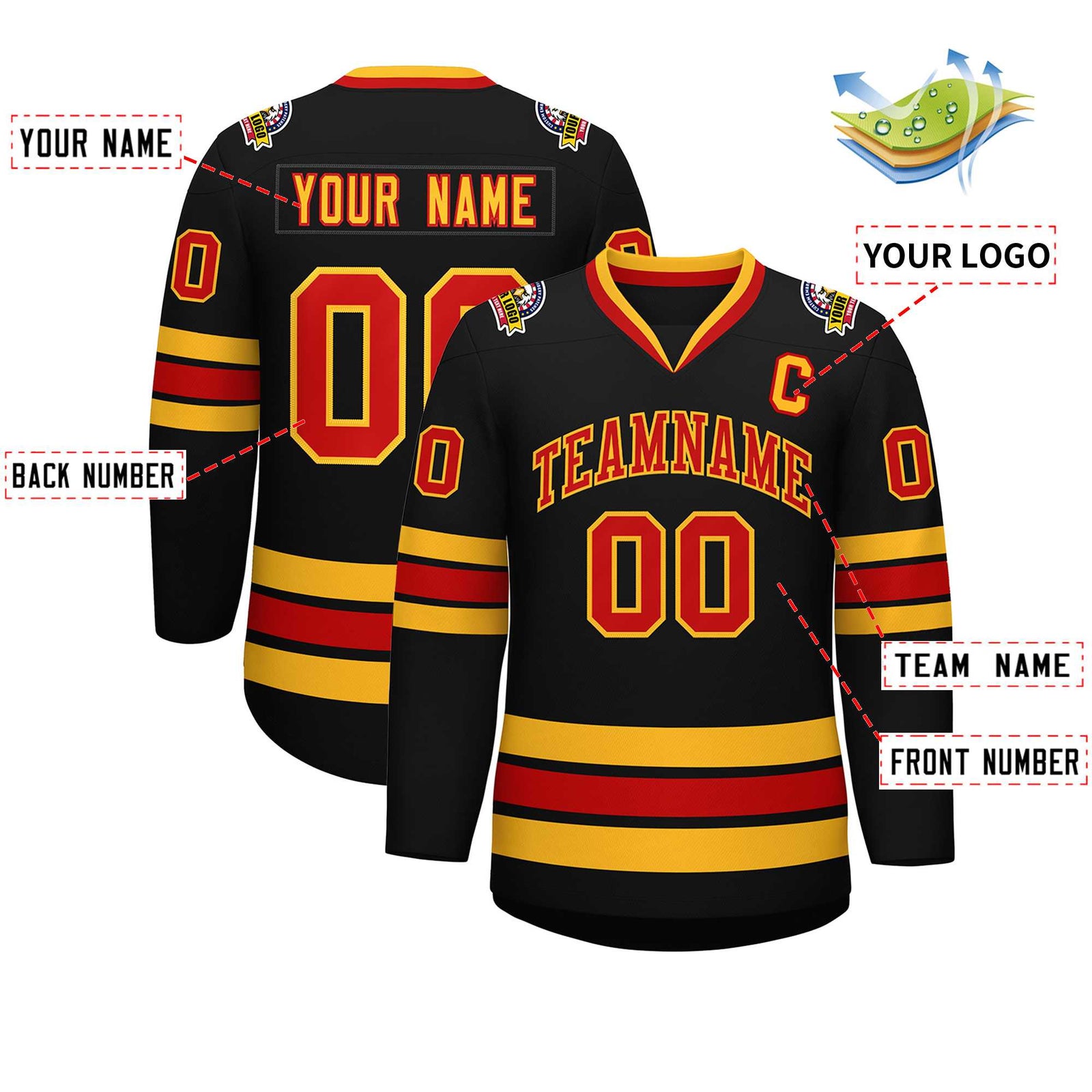 Custom Black Red-Gold Classic Style Hockey Jersey