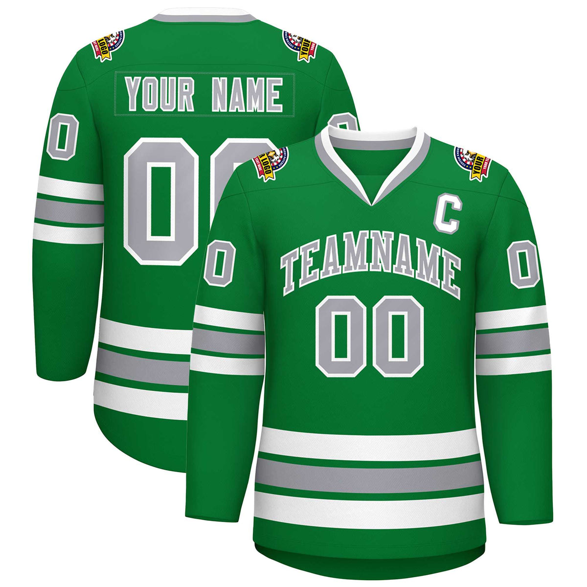 Custom Kelly Green Gray-White Classic Style Hockey Jersey